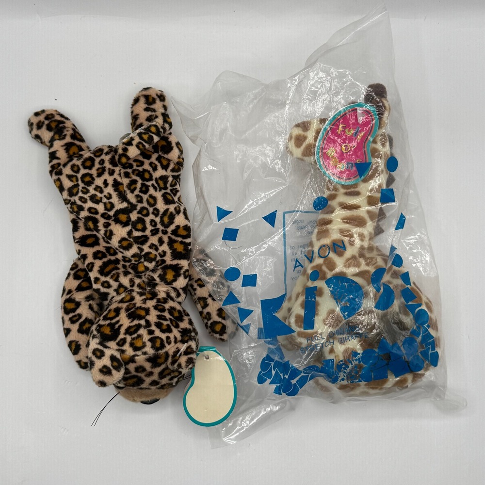 Avon Full O' Beans Plush Leopard Giraffe Collectible Set Safari Vintage